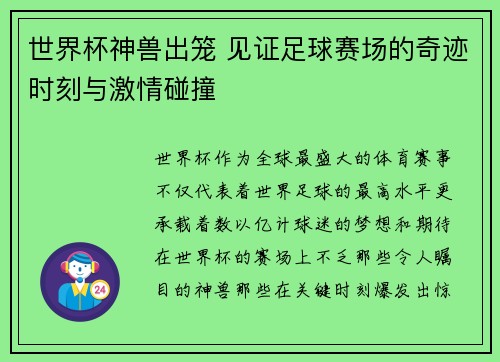 世界杯神兽出笼 见证足球赛场的奇迹时刻与激情碰撞